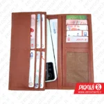 کیف پول و موبایل چرم عسلی داخل کیف با موبایل پول و کارت های بانکی