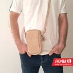 کیف موبایل دوشی چرم جیر کرم خاکی