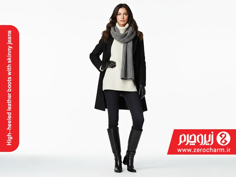 چکمه چرمی ساق‌بلند با جین تنگ