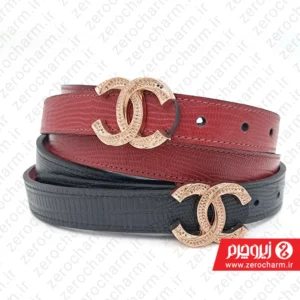 کمربند زنانه مجلسی شنل دو رو چرم با سگک پلاکی طلایی