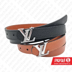 کمربند زنانه مجلسی لوی ویتون دو رو با سگک پلاکی نقره ای