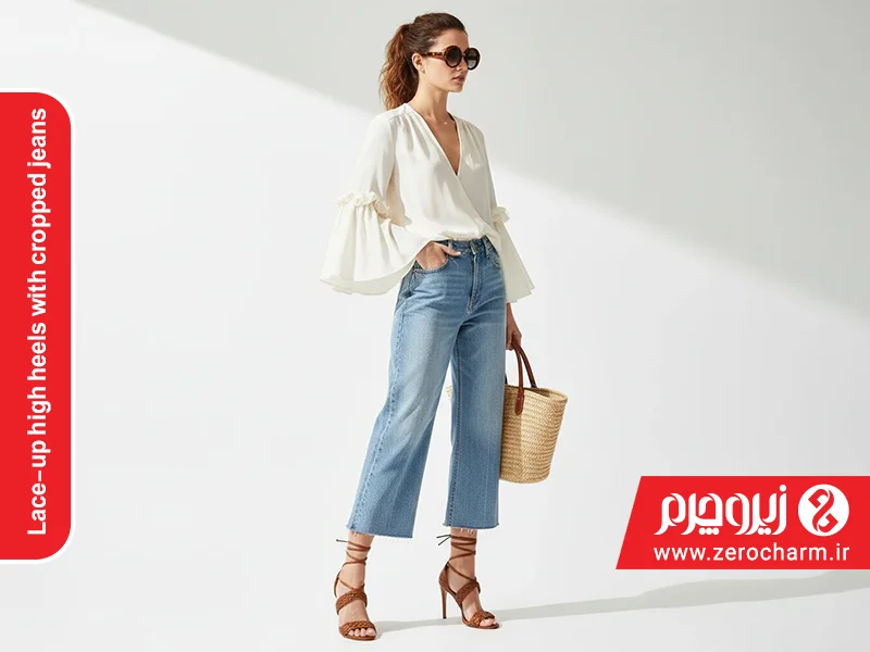 کفش پاشنه بلند چرمی بنددار با جین کراپ