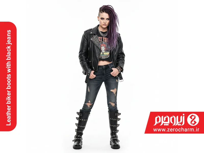 بوت های چرمی موتورسوار با جین تیره